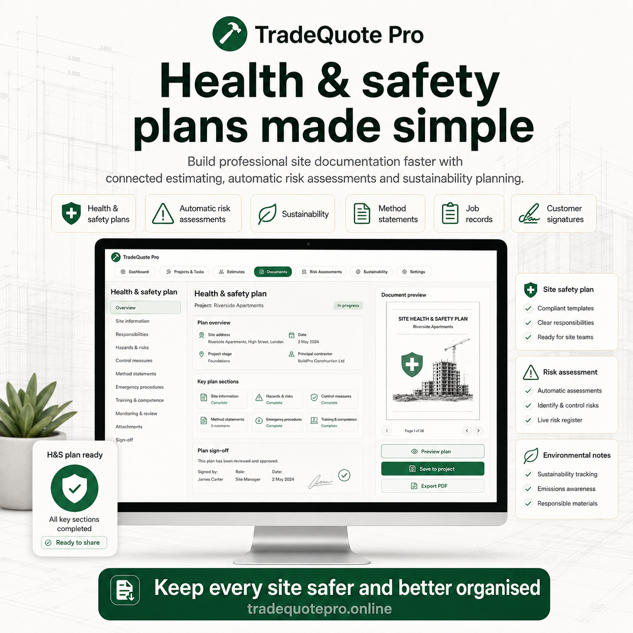 TradeQuote Pro health and safety plans made simple graphic