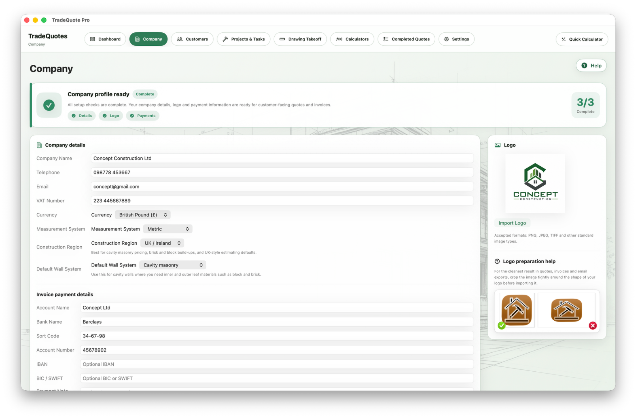 TradeQuote Pro Company Setup screenshot