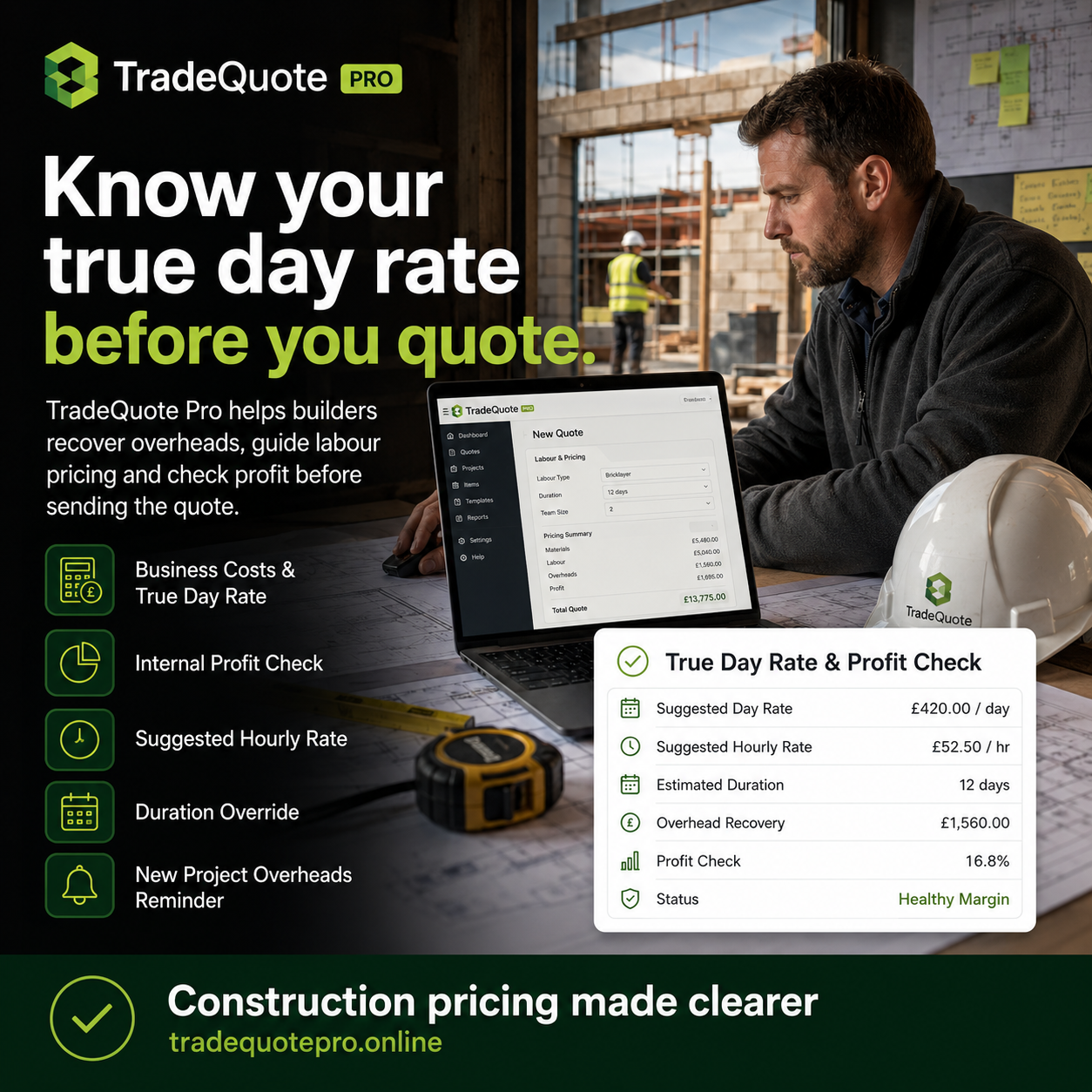TradeQuote Pro advert showing true day rate and profit check features