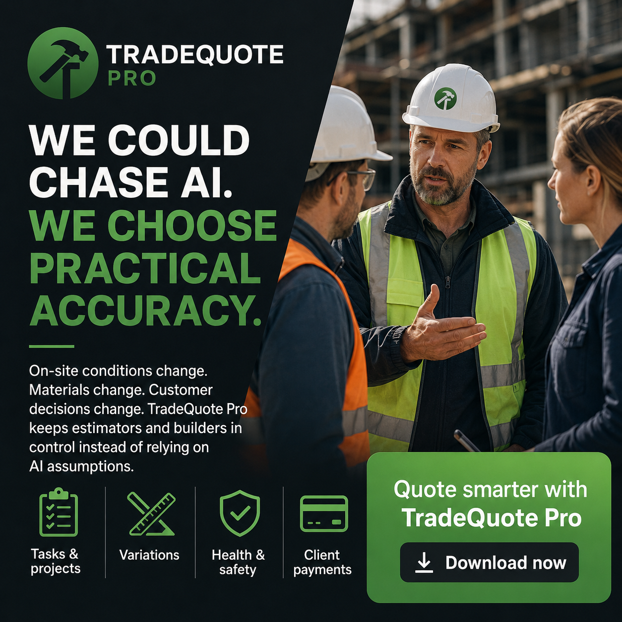 TradeQuote Pro advert promoting practical accuracy for builders and estimators